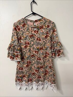 Rare Editions Pink Floral Lace-Hem Ruffle Sleeve Mini Dress
